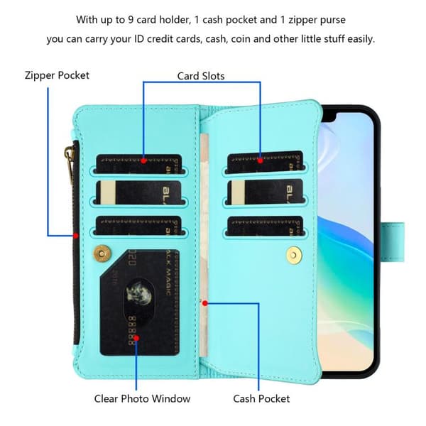 iPhone 18 Pro Max / iPhone 17 Pro Max Skal - Läder med Magnetstängning, 9 Kortfack och Handrem Mintgrön