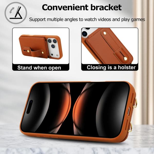 iPhone 18 Pro / iPhone 17 Pro Skal med Handledsrem och Vertikal Flip Wallet Brun