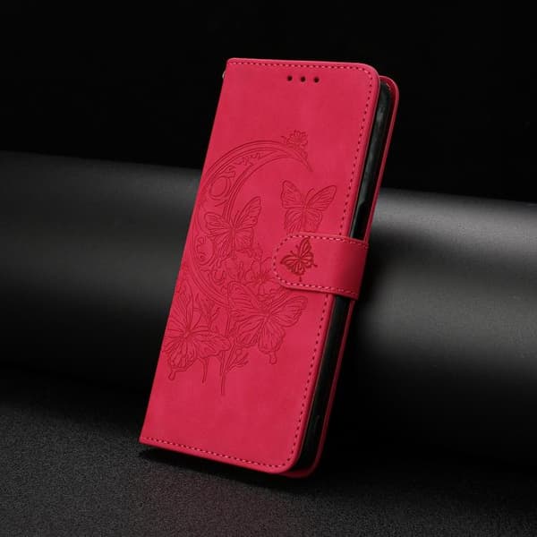 iPhone 18 Pro Max / iPhone 17 Pro Max Skal läderfodral med månbelyst fjärilsdansmönster Rosröd