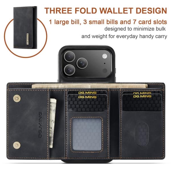iPhone 18 Pro Max / iPhone 17 Pro Max Skal läderfodral DG.MING M1 Series 3-Fold Multi Card Wallet Svart
