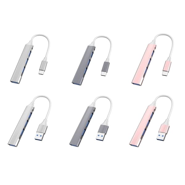 4-in-1 Mini Multifunktionell Dockning - Typ-C/USB-C 3.0 (Grå) - Aluminiumlegering, 4 USB-portar, Stabil och Snabb Överföring