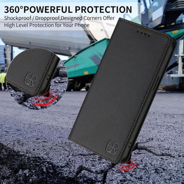 iPhone 18 Pro / iPhone 17 Pro Skal läderfodral med dubbelvikts magnetisk sug och RFID Svart
