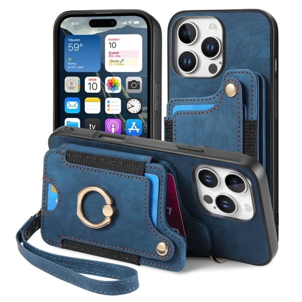 iPhone 16 Pro Max Retro Skinnkänsla Ring Multi-kort Plånboks Skal Blå