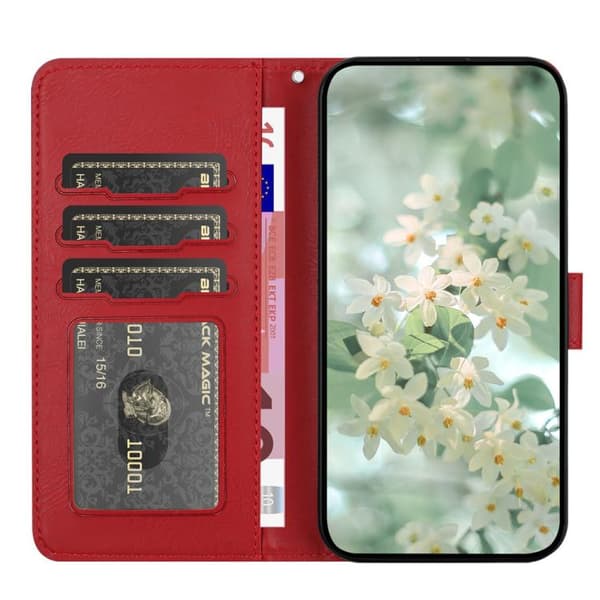 iPhone 17 Pro Skal läderfodral med blommönster - relief Röd