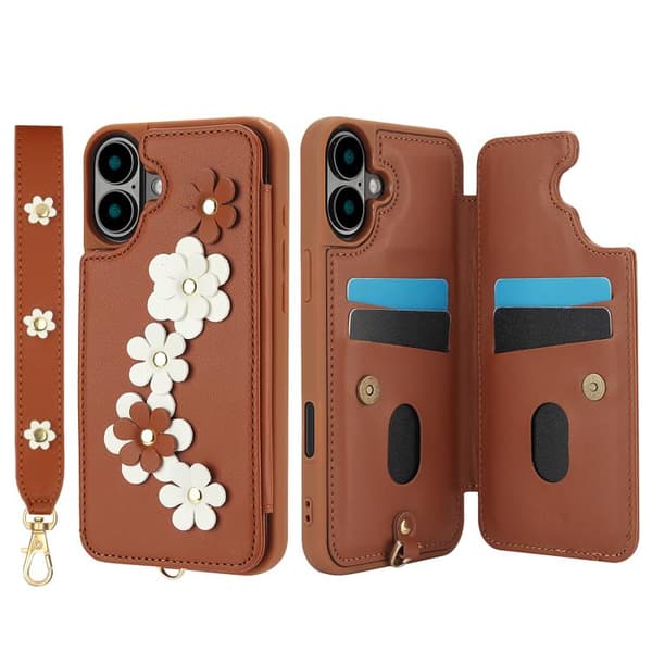 iPhone 17 Skal läderfodral med blommönster Brun