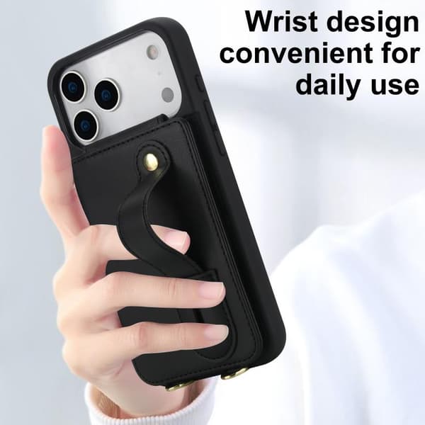 iPhone 18 Pro / iPhone 17 Pro Skal med Handledsrem och Vertikal Flip Wallet Svart