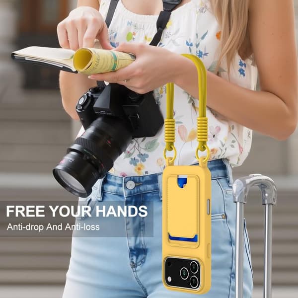 iPhone 18 Pro Max / iPhone 17 Pro Max Skal med Integrerad Kortväska - Solid Färg av Flytande Silikon med Kort Lanyard Gul