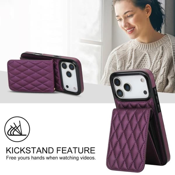 iPhone 18 Pro Max / iPhone 17 Pro Max Skal med RFID och Rhombisk Korthållare Mörklila