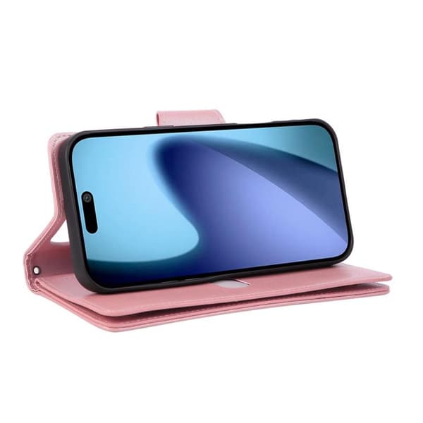 iPhone 17 Pro Skal läderfodral med Rivet Spänne för 9 Kort och Tredelad Design Roséguld