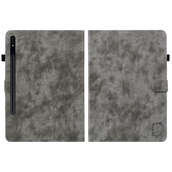 Samsung Galaxy Tab S7+/S8+ Flip-Läderfodral med Tigermönster Grå