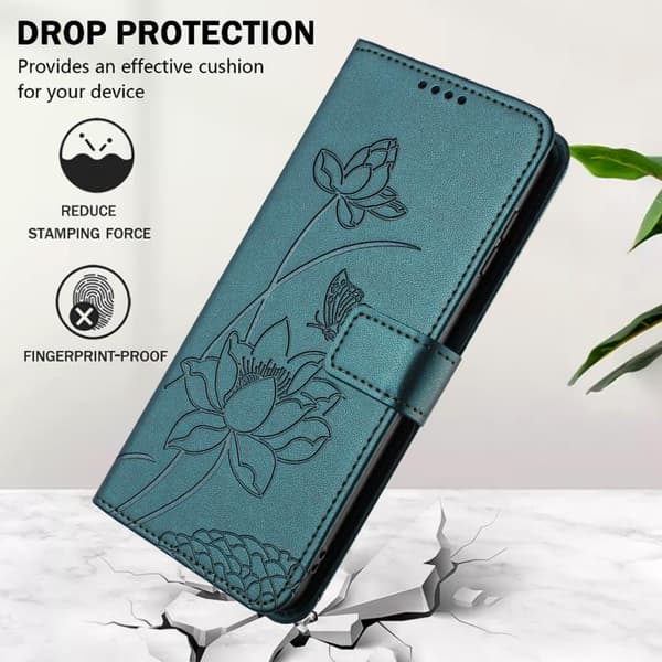 iPhone 18 Pro Max / iPhone 17 Pro Max Skal Läderfodral med Lotus Prägling och Lanyard Mörkgrön