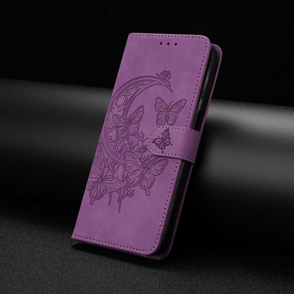 iPhone 18 Pro Max / iPhone 17 Pro Max Skal läderfodral med månbelyst fjärilsdansmönster Purpur