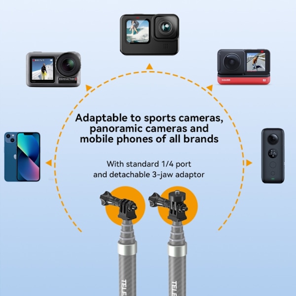 TELESIN 1,2 m kolfiber monopod selfiepinne med 1/4 skruv för actionkameror