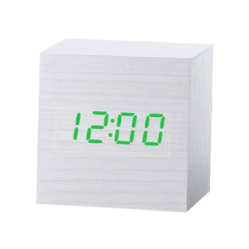 Flerfärgad ljudkontroll träklocka modern digital LED skrivbordsalarmklocka termometer timer vit grön