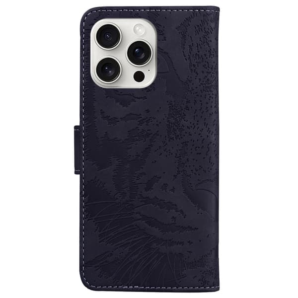 iPhone 16 Pro Tiger Embossing Pattern Fodral - Elegant och Slitstark Skal Läder Svart