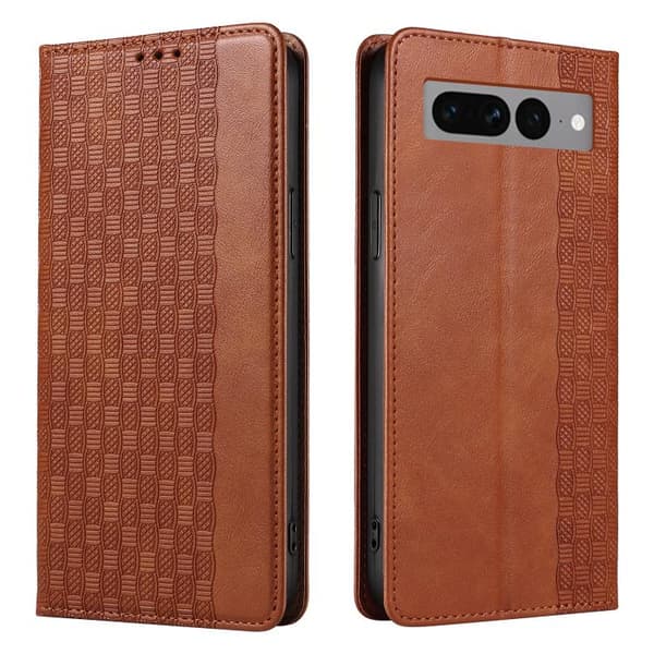 för Pixel 7 Pro Skal i Flätad Prägling - Starkt Magnetiskt Läderfodral Brun