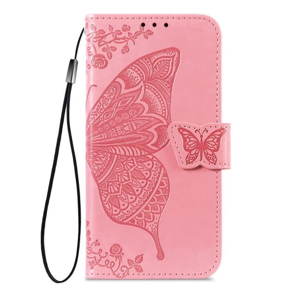 iPhone 18 Pro Max / iPhone 17 Pro Max Skal läderfodral med fjäril och blomma - relief Rosa