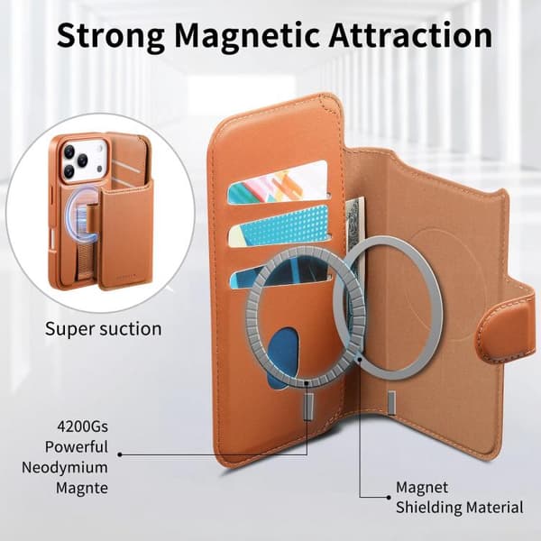 iPhone 18 Pro Max / iPhone 17 Pro Max Skal Läderfodral med Neo Finger Grip Rem och MagSafe Brun