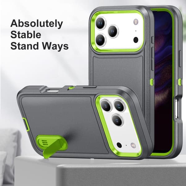 iPhone 18 Pro Max / iPhone 17 Pro Max Skal - robust PC + silikon med hållare Grå + Friskgrön