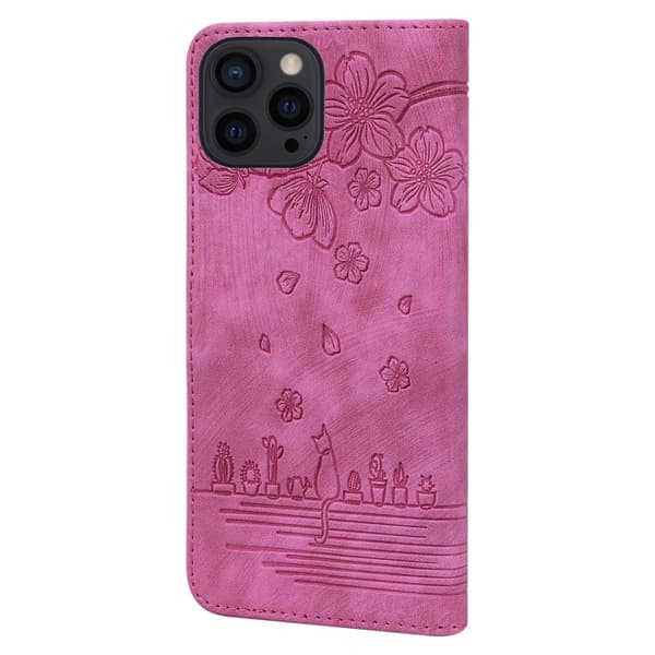 iPhone 16 Pro Max Skal Läder med Prägling av Söt Sakura Katt Rosröd