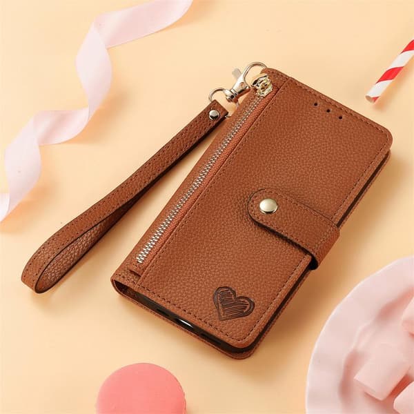 Redmi Note 14 4G - Läderfodral med Kärlek Zipper Lanyard Brun