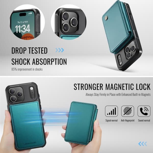 iPhone 18 Pro Max / iPhone 17 Pro Max Skal läderfodral JEEHOOD Business Magnetisk Stil RFID Blågrön