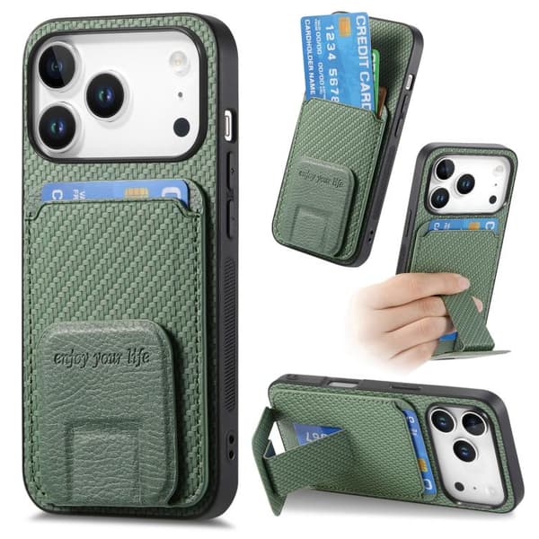 iPhone 18 Pro / iPhone 17 Pro Skal - Kolfiber med Kortficka och Fällbart Ställ Grön