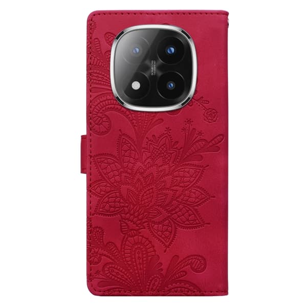 Redmi Note 14 Pro 5G - Lacey Blommönstrad Embossed Magnetisk Spänne PU fodral med Handledsrem Röd