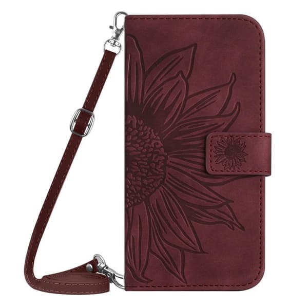 iPhone 18 Pro Max / iPhone 17 Pro Max Skal läderfodral med solblomma, präglad flip och lanyard Vinrött