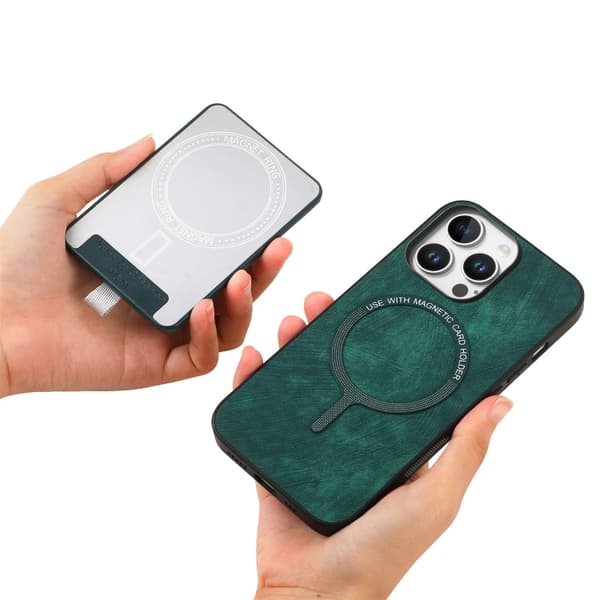 iPhone 16 Pro Retro Delbart Magnetisk Kortväska Läder Skal Grön
