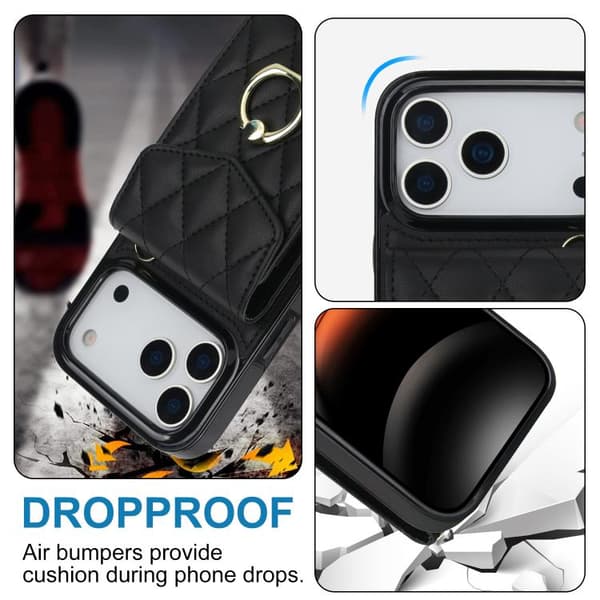 iPhone 18 Pro Max / iPhone 17 Pro Max Skal med Rhombisk Textur och Lång Lanyard Svart