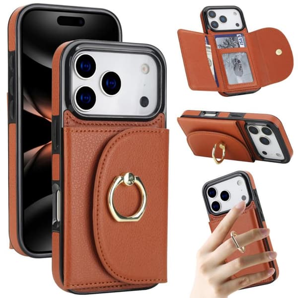 iPhone 18 Pro Max / iPhone 17 Pro Max Skal med Ringhållare och Kortficka, Skinnkänsla Brun