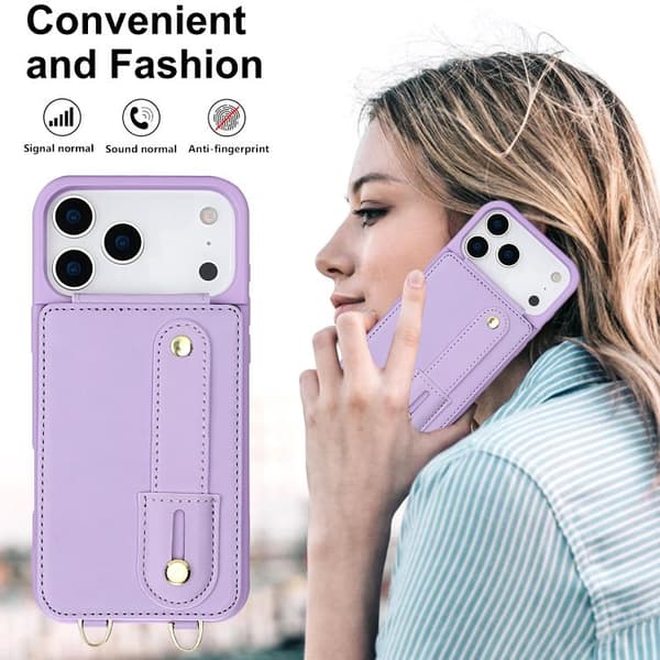 iPhone 18 Pro / iPhone 17 Pro Skal med Handledsrem och Vertikal Flip Wallet Purpur