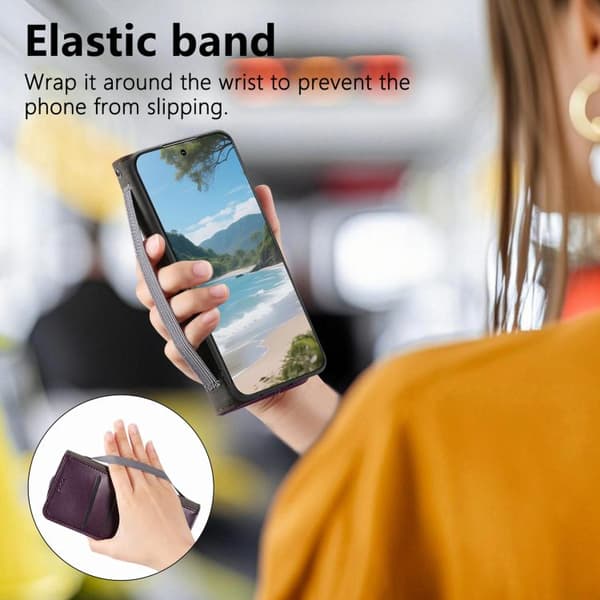 iPhone 18 Pro Max / iPhone 17 Pro Max Skal Läderfodral med Elastisk Handledsrem och Magnetisk Sugkraft Purpur