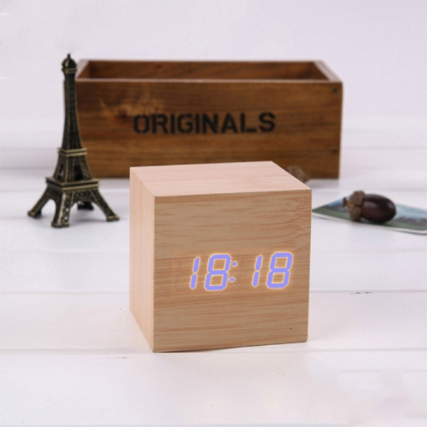 Flerfärgad ljudkontroll träklocka modern digital LED skrivbordsalarmklocka termometer timer trä blå