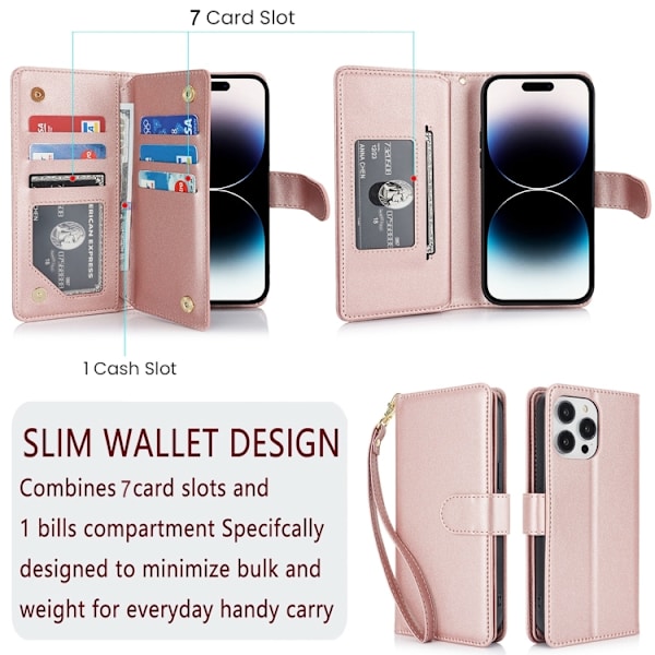 iPhone 16 Pro Skal - Multi-Kort Plånbok RFID Läder Roséguld