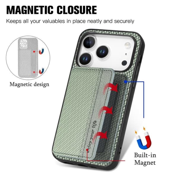 iPhone 18 Pro / iPhone 17 Pro Skal - kolfiber med magnetisk kortplånbok och RFID-skydd Grön