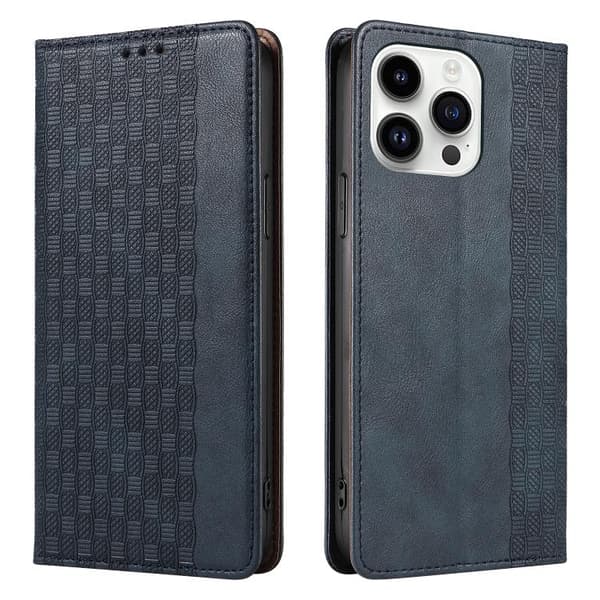 iPhone 16 Pro Max Skal Flätad Prägling Stark Magnetisk Läder Fodral Blå