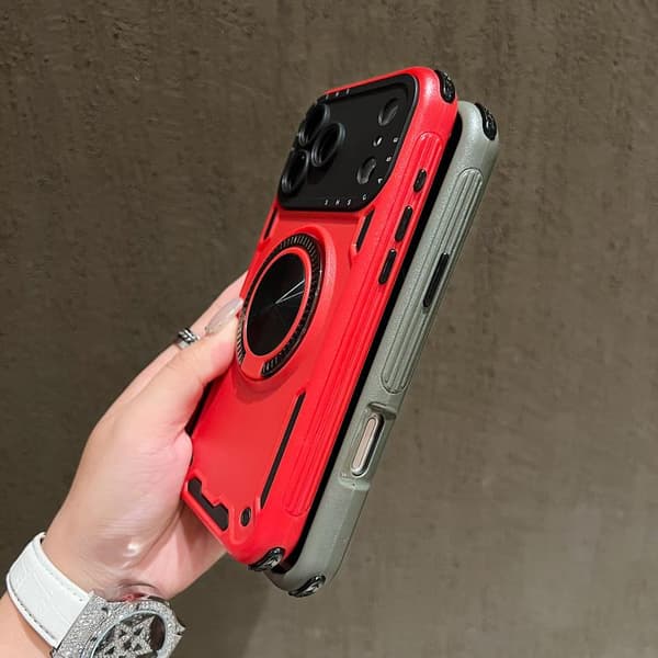 iPhone 18 Pro Max / iPhone 17 Pro Max Skal med Tre-kärnig Mecha 360 Graders Rotationsmagnet Röd