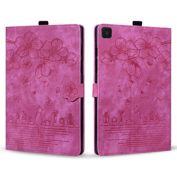 Samsung Galaxy Tab A7 Lite Cartoon Sakura Cat Prägad Läderfodral Rosaröd