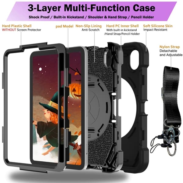iPad mini 6 / mini 2024 Bat Hand Grip Turntable Skal - Läderfodral Svart