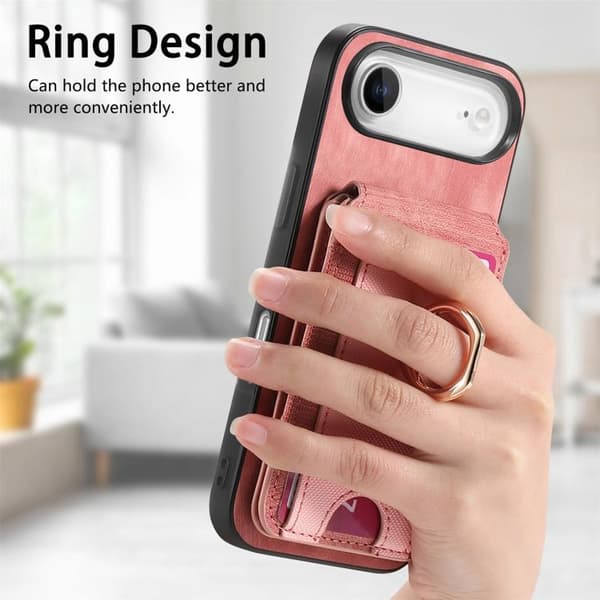 iPhone 17 Air Skal läderfodral med retro delbart magnetiskt stativ och kortfack Rosa