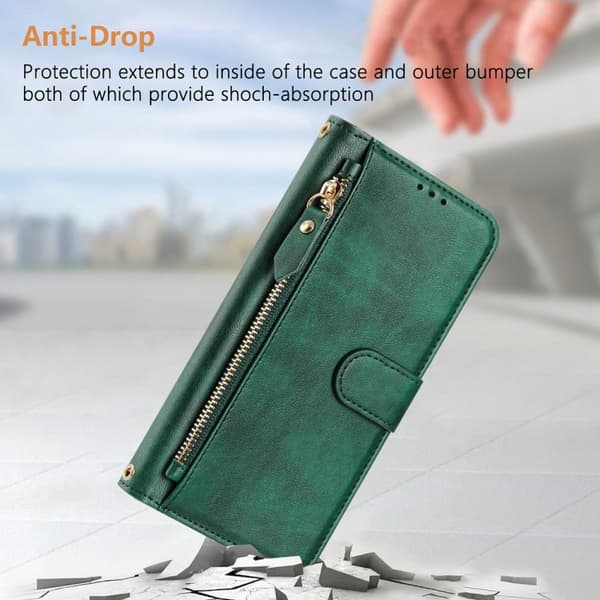 iPhone 16 Pro Fodral - Multi-Kortfack Zipper Skal Läder Grön