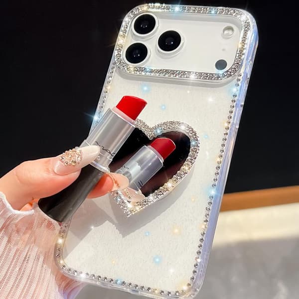 iPhone 18 Pro Max / iPhone 17 Pro Max Skal med Diamant Glittrande Spegel och Hjärthållare Vit