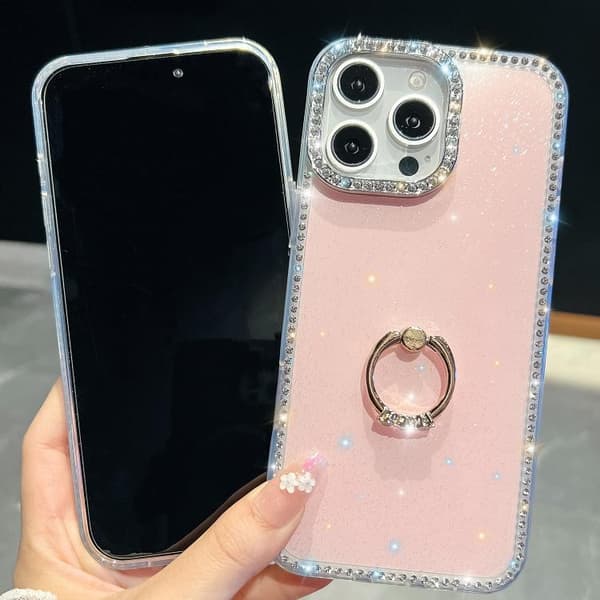 iPhone 17 Skal med Rhinestone Glitter och Ringhållare, Stötsäker Ljusrosa