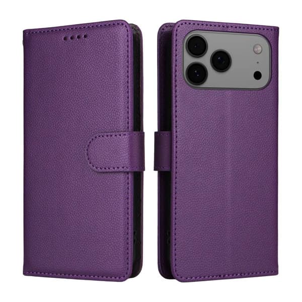 iPhone 18 Pro Max / iPhone 17 Pro Max Skal läderfodral med Litchi-textur och RFID-blockering för 3 kort Purpur