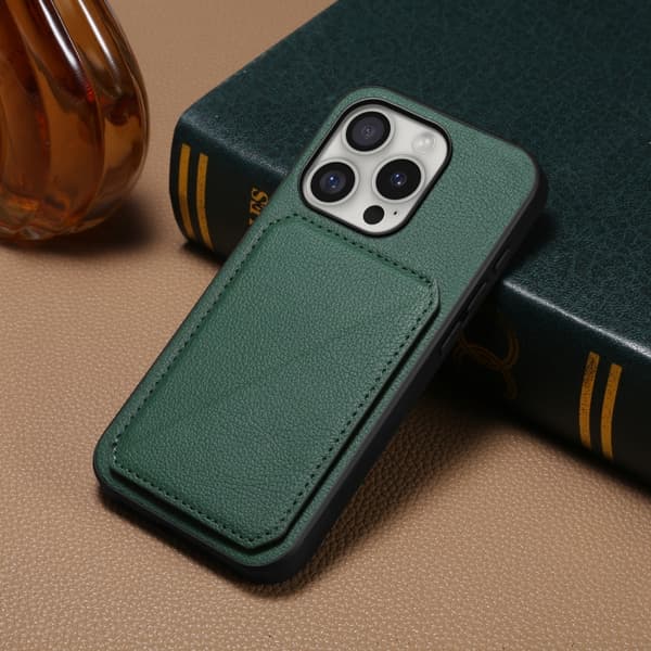 iPhone 16 Pro Max D04 Kalvtextur Dubbelkortshållare Skal Grön