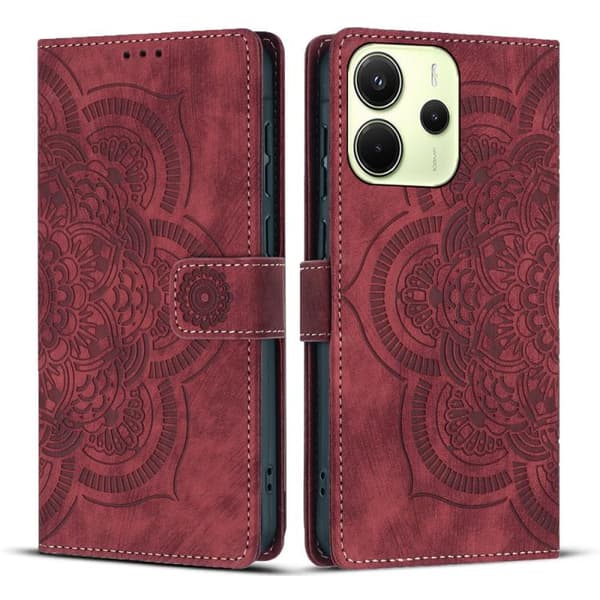 Redmi Note 14 4G - Mandala Prägad Retro Frosted Läderfodral Röd