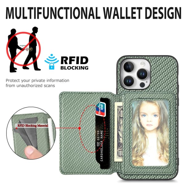 iPhone 17 Skal - Kolfiber med Magnetisk Kortplånbok och RFID-skydd Grön