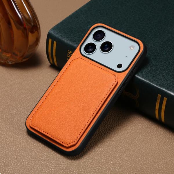 iPhone 18 Pro Max / iPhone 17 Pro Max Skal med D04 Kalvskinnsstruktur och Dubbel Kortfack Orange